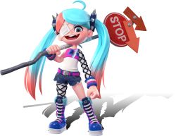 Rule 34 | 1girl, 3d, blue hair, boots, eyepatch, highres, lucy (ninjala), ninjala, nintendo, official art, road sign, sign, stop sign, twintails
