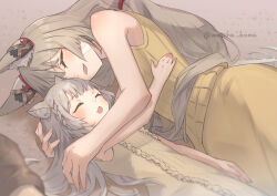 Rule 34 | 2girls, aged down, animal ears, braid, cat ears, closed eyes, commentary request, facial mark, fang, grey hair, highres, hug, lying, mio (xenoblade), mother and daughter, multiple girls, nia (xenoblade), on side, shirt, sleeveless, sleeveless shirt, twitter username, xenoblade chronicles (series), xenoblade chronicles 3, yanagimachi