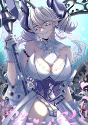Rule 34 | 1girl, absurdres, axe, breasts, cleavage, demon girl, demon horns, demon wings, duel monster, gloves, grey eyes, grey hair, highres, holding, holding axe, horns, large breasts, lovely labrynth of the silver castle, low wings, pointy ears, shiina aono, smile, solo, twintails, wings, yu-gi-oh!