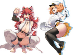 Rule 34 | 2girls, animal ears, ass, black legwear, blush, breasts, cerberus (last origin), claw pose, cleavage, covered erect nipples, detached sleeves, dog ears, dog girl, dog tail, drooling, fenrir (last origin), full body, gloves, hair between eyes, hat, heart, highres, holding, huge breasts, last origin, long hair, looking at viewer, mouth drool, multicolored hair, multiple girls, open mouth, orange hair, panties, red eyes, red hair, shield, short sleeves, simple background, skirt, squatting, tail, thighhighs, toeless legwear, two side up, underwear, white background, white gloves, white hair, white panties, whoosaku, yellow eyes