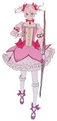 Rule 34 | 1boy, arrow (projectile), bishounen, bow (weapon), cosplay, crossdressing, eyeshadow, fate/grand order, fate (series), fuka (hk nemo), full body, gloves, hair between eyes, hair ribbon, highres, kaname madoka, kaname madoka (cosplay), karna (fate), magical boy, mahou shoujo madoka magica, mahou shoujo madoka magica (anime), makeup, male focus, pale skin, pantyhose, ribbon, shoes, skirt, solo, thighhighs, twintails, weapon