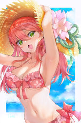 Rule 34 | + +, 1girl, :d, absurdres, ahoge, armpits, arms up, bare shoulders, bikini, blue sky, blush, border, breasts, cherry blossoms, cleavage, day, earrings, fang, flower, frilled bikini, frills, green eyes, hair between eyes, hands on headwear, hat, hat flower, hat ornament, highres, hololive, hoop earrings, jewelry, lims (neko2lims), long hair, medium breasts, navel, open mouth, outdoors, outside border, pink bikini, pink flower, pink hair, rope, sakura miko, skin fang, sky, smile, solo, straw hat, swimsuit, underboob, upper body, virtual youtuber, white border, yellow hat