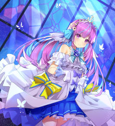 Rule 34 | 1girl, absurdres, alternate costume, alternate hairstyle, anchor symbol, bare shoulders, blue bow, blunt bangs, bow, bug, butterfly, closed mouth, colored inner hair, crown, dress, frills, gloves, glowing butterfly, hair ornament, highres, holding, holding clothes, holding skirt, hololive, insect, kokuri89490047, light rays, long hair, minato aqua, multicolored hair, purple eyes, purple hair, skirt, smile, solo, twintails, two-tone hair, virtual youtuber, white dress, white gloves, yellow bow