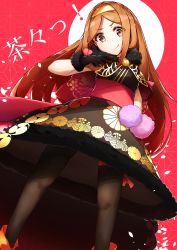 Rule 34 | !, 1girl, absurdres, brown hair, capelet, chacha (fate), fate/grand order, fate (series), full body, gloves, headband, highres, long hair, red background, skirt, standing