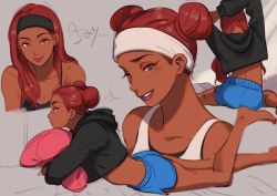 Rule 34 | 1girl, 2gou, alternate hairstyle, apex legends, ass, bare legs, bare shoulders, black headband, black hoodie, black shirt, blue shorts, breasts, brown eyes, brown lips, character name, closed mouth, collarbone, commentary request, dark-skinned female, dark skin, double bun, eyelashes, freckles, from behind, hair down, headband, highres, hood, hood down, hoodie, lifeline (apex legends), lips, long hair, long sleeves, looking at viewer, lying, makeup, mascara, multiple views, nose, on stomach, red hair, shirt, short hair, short shorts, shorts, smile, smirk, stretching, tank top, white headband, white tank top