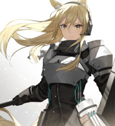 Rule 34 | 1girl, animal ear fluff, animal ears, arknights, armor, black gloves, black jacket, blonde hair, blurry, breastplate, brown eyes, closed mouth, commentary request, eyelashes, gloves, hair between eyes, headset, highres, holding, holding weapon, horse ears, horse girl, horse tail, jacket, long hair, looking at viewer, nearl (arknights), raitho, scarf, shield, shoulder armor, sidelocks, solo, tail, weapon