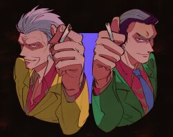 Rule 34 | 2boys, black eyes, black hair, blue necktie, cigarette, closed mouth, collared shirt, commentary request, cropped torso, formal, gin to kin, green jacket, grey hair, hair slicked back, highres, hirai ginji, holding, holding cigarette, inudori, jacket, looking at viewer, male focus, morita tetsuo, multiple boys, necktie, old, old man, red shirt, shirt, short hair, smile, suit, upper body, v-shaped eyebrows, yellow jacket