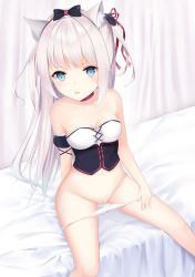 Rule 34 | 1girl, absurdres, animal ear fluff, animal ears, azur lane, bare shoulders, bed, black bow, blue eyes, bow, bow panties, breasts, cat ears, cat hair ornament, choker, cleft of venus, collarbone, commentary request, grey hair, groin, hair ornament, hair ribbon, hammann (azur lane), hand up, highres, karin (fineyanny), long hair, looking at viewer, medium breasts, navel, on bed, one side up, panties, panty pull, parted lips, pulled by self, pussy, red choker, red ribbon, ribbon, sidelocks, sitting, solo, uncensored, underwear, very long hair, white panties