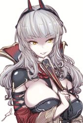 Rule 34 | 1girl, breasts, carmilla (fate), cleavage, folded fan, fate/grand order, fate (series), fingernails, folding fan, fue (rhomphair), grey hair, hair over eyes, hand fan, holding, holding fan, horns, large breasts, long fingernails, long hair, looking at viewer, shaded face, smile, solo, upper body