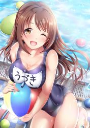 Rule 34 | 10s, 1girl, bad id, bad twitter id, ball, bare arms, beachball, blush, breasts, brown eyes, brown hair, cleavage, collarbone, commentary request, competition swimsuit, garana, hip focus, holding, holding ball, hose, idolmaster, idolmaster cinderella girls, kneeling, long hair, looking at viewer, medium breasts, one-piece swimsuit, one eye closed, open mouth, pool, shimamura uzuki, smile, solo, sparkle, swept bangs, swimsuit, thighs, water, water drop, wet