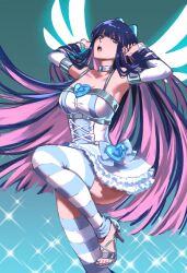 Rule 34 | 1girl, aqua background, armpits, bare shoulders, blue eyes, blue hair, breasts, brooch, colored inner hair, commentary, detached sleeves, dress, feet, foot out of frame, grey choker, grey footwear, heart, high heels, highres, jewelry, kivavis, large breasts, legs, long hair, long sleeves, looking at viewer, multicolored hair, nail polish, open mouth, panty &amp; stocking with garterbelt, pink hair, sandals, sleeveless, sleeveless dress, solo, spaghetti strap, sparkle, stocking (psg), striped clothes, striped thighhighs, thighhighs, toenail polish, toenails, toes, very long hair