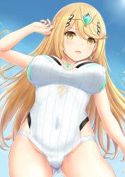 Rule 34 | 1girl, blonde hair, breasts, collarbone, covered erect nipples, covered navel, cowboy shot, day, from below, gluteal fold, highres, inanaki shiki, large breasts, long hair, looking at viewer, mythra (radiant beach) (xenoblade), mythra (xenoblade), nintendo, one-piece swimsuit, open mouth, sky, solo, swept bangs, swimsuit, tiara, white one-piece swimsuit, xenoblade chronicles (series), xenoblade chronicles 2, yellow eyes