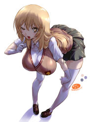 Rule 34 | + +, 1girl, amania orz, blonde hair, blush, breasts, gloves, hanging breasts, highres, large breasts, leaning forward, long hair, looking at viewer, one eye closed, open mouth, pleated skirt, school uniform, shokuhou misaki, short sleeves, skirt, smile, solo, standing, sweater vest, symbol-shaped pupils, thighhighs, toaru kagaku no railgun, toaru majutsu no index, tokiwadai school uniform, white gloves, white thighhighs, yellow eyes