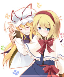 Rule 34 | 2girls, ^ ^, alice margatroid, blonde hair, blue dress, blue eyes, blush, bow, bowtie, capelet, closed eyes, commentary request, dress, expressionless, faech, flying sweatdrops, frown, happy, hat, hat ribbon, headband, highres, holding own arm, hug, long hair, long sleeves, looking away, mob cap, multiple girls, open mouth, parted lips, red bow, red bowtie, ribbon, short hair, simple background, sleeve cuffs, smile, tabard, touhou, upper body, white background, wide sleeves, yakumo yukari, yuri