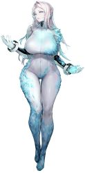 Rule 34 | 1girl, aqua eyes, arm guards, bodysuit, bracelet, braid, breasts, collarbone, covered navel, floating, floating object, frost, full body, game cg, gloves, hair intakes, highres, huge breasts, ice, jam (nandade), jewelry, last origin, long hair, looking at viewer, mnemosyne (last origin), official art, single braid, skin tight, solo, tachi-e, thigh gap, transparent background, white bodysuit, white gloves, white hair, wide hips