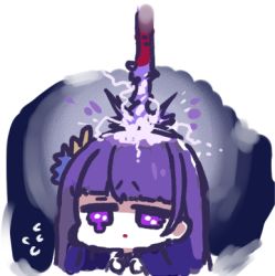 Rule 34 | 1girl, chibi, crying, crying with eyes open, electricity, flower, genshin impact, hair ornament, human scabbard, long hair, lowres, parted lips, purple eyes, purple flower, purple hair, raiden shogun, solo, sukima (crie), tears, upper body