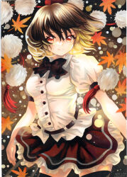 Rule 34 | 1girl, autumn, autumn leaves, black hair, black skirt, closed mouth, contrapposto, dated, floating hair, hair between eyes, hat, highres, leaf, light smile, looking at viewer, maple leaf, mosho, petticoat, pom pom (clothes), red eyes, shameimaru aya, shikishi, shirt, short hair, skirt, solo, thighhighs, tokin hat, touhou, traditional media