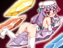 Rule 34 | 1girl, anus, ass, blush, bow, breasts, censored, crescent hat ornament, crotch rub, crystal, female focus, gloves, hat, hat ornament, long hair, lying, medium breasts, nipples, open mouth, patchouli knowledge, purple eyes, purple hair, pussy, pussy juice, solo, sukiyo, thighhighs, touhou
