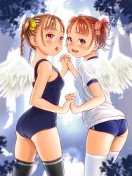 Rule 34 | 2girls, angel wings, ass, black thighhighs, blue buruma, blue one-piece swimsuit, blue school swimsuit, blurry, blurry foreground, blush, bow, braid, breasts, brown eyes, brown hair, buruma, child, commentary request, cowboy shot, eyelashes, feathered wings, feathers, female focus, forest, from behind, gym shirt, gym uniform, hair bow, hair ornament, highres, holding hands, interlocked fingers, legs apart, legs together, long hair, looking at viewer, looking back, multiple girls, nature, new school swimsuit, one-piece swimsuit, open mouth, original, outdoors, polka dot, revision, ribbon, school swimsuit, shirt, short hair, short sleeves, skindentation, small breasts, smile, standing, swimsuit, thighhighs, thighs, tongue, tongue out, tree, twin braids, twintails, uniform, wadachitokakeru, white shirt, white thighhighs, wings