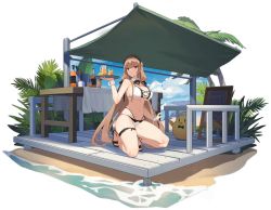 Rule 34 | 1girl, aiko (kanl), animal, azur lane, bare shoulders, beach, bikini, bird, bow, bowtie, breasts, bridal garter, brown hair, chick, cleavage, closed mouth, cross, cup, detached collar, drinking glass, full body, hair ornament, highleg, highleg bikini, highres, holding, kneeling, large breasts, long hair, looking at viewer, low-tied long hair, maid, maid bikini, maid headdress, manjuu (azur lane), mole, mole under mouth, multi-strapped bikini, navel, official alternate costume, official art, pitcher (container), plant, red eyes, sandals, sign, skindentation, solo, stomach, string bikini, swiftsure (azur lane), swiftsure (midsummer special service) (azur lane), swimsuit, table, thighs, transparent background, tray, two-tone bikini, unconventional maid, very long hair, wet, white bikini, wrist cuffs, x hair ornament