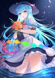 Rule 34 | 1girl, :d, black hat, blue hair, contrapposto, flower, flower request, food, frills, from below, fruit, fujimori shiki, hat, highres, hinanawi tenshi, holding, long hair, looking at viewer, motion blur, night, night sky, open mouth, orange flower, peach, petals, puffy short sleeves, puffy sleeves, red eyes, short sleeves, skirt, sky, smile, solo, touhou, water