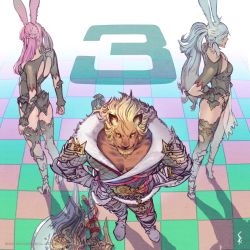 Rule 34 | animal ears, axe, blonde hair, blue hair, boots, copyright notice, final fantasy, final fantasy xiv, foreshortening, gloves, hands on own hips, high heel boots, high heels, highres, hrothgar, lion ears, long hair, official art, pink hair, ponytail, rabbit ears, thigh boots, thighhighs, twintails, very long hair, viera, warrior (final fantasy), warrior of light (ff14), yellow eyes
