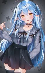 Rule 34 | 1girl, absurdres, ahoge, black bow, black nails, black ribbon, black skirt, black thighhighs, blue hair, blush, bow, breasts, chain, choker, collar, collarbone, fangs, fishnet thighhighs, fishnets, grey shirt, heart, heart ahoge, heart necklace, highres, holding, holding hair, hololive, jewelry, large breasts, long hair, long sleeves, looking at viewer, nail polish, necklace, open mouth, plaid, plaid shirt, pointy ears, ribbon, ribbon choker, shirt, skirt, sleeves past wrists, solo, sosuke (yrmon), thighhighs, virtual youtuber, yellow eyes, yukihana lamy, zettai ryouiki