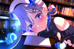 Rule 34 | 1girl, :o, amane kanata, amane kanata (work), bare shoulders, beret, black gloves, blue hair, blush, colored inner hair, fishbowl, gloves, grey hair, hair ornament, hair rings, hairclip, hat, head rest, hololive, indoors, library, light particles, long hair, looking at viewer, low twintails, multicolored hair, official alternate hair length, official alternate hairstyle, open mouth, partially fingerless gloves, purple eyes, seek arrow, sleeveless, solo, twintails, upao (amane kanata), virtual youtuber, white hat