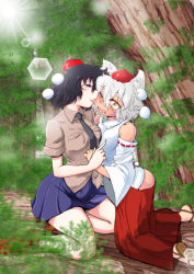 Rule 34 | 2girls, animal ears, bare shoulders, black hair, blush, breast poke, licking another&#039;s cheek, danna (karatekikku), detached sleeves, licking another&#039;s face, fang, forest, hat, hat ribbon, inubashiri momiji, kneeling, lens flare, licking, long sleeves, multiple girls, nature, necktie, one eye closed, open mouth, poking, purple eyes, ribbon, shameimaru aya, shirt, short sleeves, silver hair, skirt, sunlight, tokin hat, tongue, tongue out, touhou, tree, wide sleeves, wince, wink, wolf ears, yellow eyes, yuri