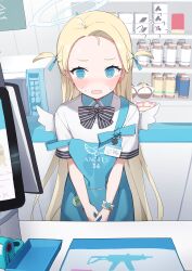 Rule 34 | 1girl, @ @, absurdres, apron, black bow, black bowtie, blonde hair, blue apron, blue archive, blush, bow, bowtie, collared shirt, commentary, embarrassed, facing viewer, halo, highres, indoors, long hair, looking ahead, mini wings, off shoulder, open mouth, own hands together, shiratakiseaice, shirt, solo, sora (blue archive), standing, store clerk, striped bow, striped bowtie, striped clothes, sweat, symbol-only commentary, two side up, very long hair, white halo, white shirt, white wings, wings, wrist cuffs