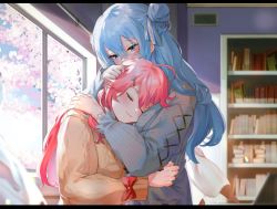 Rule 34 | 2girls, ahoge, blue eyes, blue hair, blue ribbon, blush, book, bookshelf, bow, brown cardigan, cardigan, cherry blossoms, closed eyes, closed mouth, eredhen, flower, from side, grate, grey cardigan, hair between eyes, hair bun, hair flower, hair ornament, hair ribbon, hairclip, hand on another&#039;s head, highres, hololive, hoshimachi suisei, hoshimachi suisei (school uniform), hug, indoors, letterboxed, long hair, long sleeves, multiple girls, pink flower, pink hair, red bow, revision, ribbed sweater, ribbon, sakura miko, sakura miko (casual), shadow, side bun, single hair bun, single side bun, smile, star (symbol), star in eye, sweater, symbol in eye, two-tone ribbon, upper body, virtual youtuber, white ribbon, window, yuri