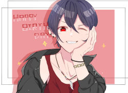 Rule 34 | 1boy, aoppella, black hair, blush, border, feather necklace, happy birthday, highres, jacket, jewelry, leather, leather jacket, male focus, minato har, necklace, one eye closed, pink background, red eyes, red tank top, short hair, solo, tanba rin (aoppella), tank top, teeth, white border