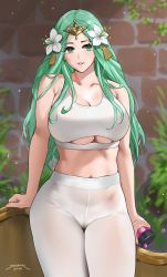 Rule 34 | 1girl, 2020, aqua eyes, aqua hair, artist name, bare shoulders, bottle, breasts, cleavage, clothing cutout, dated, female focus, fire emblem, fire emblem: three houses, flower, green eyes, green hair, hair flower, hair ornament, high-waist pants, highres, large breasts, lips, long hair, looking at viewer, matching hair/eyes, navel, nintendo, pants, parted lips, rhea (fire emblem), see-through, sendo (sendrawz), signature, smile, solo, sports bra, standing, sweat, tight clothes, tight pants, underboob, underboob cutout, water bottle, workout clothes, yoga pants