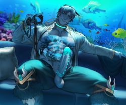 Rule 34 | 1boy, abs, animal collar, aquarium, bara, bare pectorals, black sclera, blue eyes, blue hair, collar, colored sclera, commission, cyborg, erection, feet out of frame, fish, highres, holding, holding collar, jouvru, large pectorals, large penis, male focus, muscular, muscular male, nipples, no male underwear, open clothes, open pants, open shirt, original, pants, pectorals, penis, short hair, solo, spiked penis, spread legs, stomach, testicles, thick thighs, thighs, uncensored
