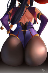 Rule 34 | 1girl, absurdres, artist name, ass, ass focus, back, backless outfit, black hair, capelet, earrings, elbow gloves, from behind, genshin impact, gloves, hat, highres, huge ass, jewelry, leotard, long hair, meettheton, mole, mole on back, mona (genshin impact), pantyhose, purple capelet, sitting, solo, twintails, white background, witch hat