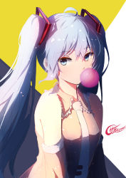 Rule 34 | 1girl, abstract background, absurdres, ahoge, arms at sides, bare shoulders, blue background, blue eyes, blue hair, blue necktie, breasts, blowing bubbles, chewing gum, collared shirt, detached sleeves, frilled shirt collar, frills, grey shirt, hair between eyes, hatsune miku, highres, light particles, long hair, looking at viewer, multicolored background, necktie, shirt, shy (953416992), signature, sketch, sleeveless, sleeveless shirt, small breasts, solo, tsurime, twintails, upper body, very long hair, vocaloid, white background, yellow background