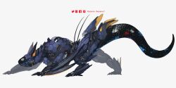 Rule 34 | animal focus, artist name, commentary, dragon, english commentary, facebook logo, facebook username, from side, full body, horizon (video game), horizon zero dawn, instagram logo, instagram username, making-of available, mecha, mechanization, monster hunter (series), nargacuga, no humans, non-humanoid robot, pixiv logo, pixiv username, robot, robot animal, science fiction, simple background, solo, speedpaint, twitter logo, twitter username, white background, wyvern, xezeno