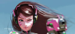 Rule 34 | 1girl, aiming, artist name, blurry, d.va (overwatch), depth of field, facepaint, facial mark, gun, headphones, high collar, holding, holding gun, holding weapon, maglece, one eye closed, outstretched arm, overwatch, overwatch 1, pink lips, solo, swept bangs, weapon, whisker markings