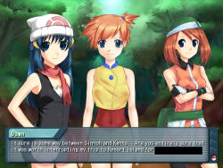 Rule 34 | 3girls, adapted costume, alternate color, alternate costume, bad id, bad pixiv id, bag, bandana, bare shoulders, beanie, bike shorts, blue eyes, blue hair, brown hair, censored, collared shirt, creatures (company), crossed arms, dawn (pokemon), english text, fake screenshot, female focus, forest, friends, game cg, game freak, gloves, gym leader, hair ornament, hand on own hip, hat, long hair, looking at viewer, may (pokemon), may (pokemon emerald), misty (pokemon), multiple girls, nature, nintendo, orange hair, outdoors, parody, pokemon, pokemon (anime), pokemon dppt, pokemon dppt (anime), pokemon frlg, pokemon rgby, pokemon rse, pokemon rse (anime), red scarf, scarf, shirt, short hair, shorts, side ponytail, skirt, sleeveless, sleeveless shirt, smile, standing, visual novel, weee (raemz)