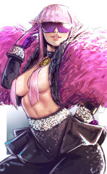Rule 34 | 1girl, absurdres, breasts, choker, covered erect nipples, feather boa, feathers, gloves, hair over breasts, highres, hime cut, leggings, manon legrand, medium breasts, midriff, milkyrack, official alternate costume, pink gloves, pink hair, purple-tinted eyewear, short hair with long locks, sidelocks, solo, street fighter, street fighter 6, sunglasses, tinted eyewear, white background