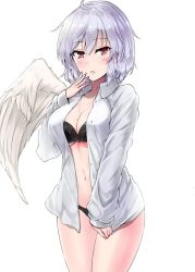 Rule 34 | 1girl, black bra, black panties, blush, bra, breasts, buttons, cleavage, collared shirt, cowboy shot, feathered wings, hair between eyes, hand up, kishin sagume, long sleeves, looking at viewer, medium breasts, navel, no pants, open clothes, open shirt, panties, parted lips, purple hair, red eyes, shirt, shirt tug, short hair, simple background, single wing, solo, touhou, unbuttoned, underwear, white background, white shirt, white wings, wings, y2