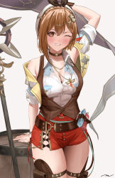 Rule 34 | 1girl, absurdres, arm support, arm up, atelier (series), atelier ryza, atelier ryza 2, bare shoulders, barrel, belt, beret, blush, bracelet, breast pocket, breasts, brown eyes, brown hair, buttons, choker, cleavage, collarbone, commentary request, gloves, hair ornament, hairclip, hat, highres, hoki1314, jewelry, large breasts, looking at viewer, necklace, one eye closed, open clothes, parted lips, pocket, reisalin stout, short shorts, short sleeves, shorts, simple background, single glove, smile, solo, staff, thighs, vest, white background, x hair ornament