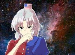 Rule 34 | 1girl, american flag, black eyes, blue shirt, commentary request, covering own mouth, dress, eyebrows, flag, frown, hand over own mouth, long hair, looking down, mana (gooney), multicolored clothes, multicolored dress, multicolored shirt, no headwear, parted bangs, puffy short sleeves, puffy sleeves, red shirt, shirt, short sleeves, silver hair, sky, solo, space, star (sky), star (symbol), starry background, starry sky, sweatdrop, touhou, upper body, yagokoro eirin
