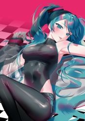 Rule 34 | 1girl, :p, aqua eyes, aqua hair, aqua nails, arm out of sleeve, armpits, bare shoulders, black pants, blue eyes, blue hair, blush, breasts, checkered floor, commentary, covered navel, cross-laced clothes, cross-laced pants, fern (bhbtr), hair ornament, hatsune miku, heattech leotard, highleg, highleg leotard, highres, knee up, latex, latex leotard, leotard, leotard under clothes, long hair, nail polish, number tattoo, on floor, pants, see-through, shiny clothes, shoulder blush, shoulder tattoo, skin tight, sleeveless, sleeves past wrists, solo, swept bangs, tattoo, tight clothes, tight pants, tongue, tongue out, turtleneck, twintails, very long hair, vocaloid