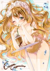 Rule 34 | 1girl, absurdres, bare shoulders, bendy straw, border, breasts, cappuccino, chocolate, chocolate syrup, cleavage, coffee, cowboy shot, cream, cup, dai dai da, drinking straw, drinking straw in mouth, elbow rest, frilled one-piece swimsuit, frills, green eyes, hair ornament, hair scrunchie, head rest, highres, large breasts, leaning forward, light brown hair, long hair, looking at viewer, marker (medium), off shoulder, one-piece swimsuit, one eye closed, original, ponytail, scrunchie, solo, swimsuit, table, thigh gap, traditional media, very long hair, wide ponytail