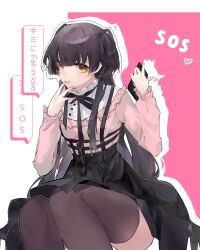 Rule 34 | 1girl, black hair, black ribbon, black skirt, black thighhighs, blush, cellphone, commentary, english commentary, feet out of frame, highres, holding, holding phone, idolmaster, idolmaster shiny colors, jirai kei, knees together feet apart, long hair, long sleeves, looking at viewer, mayuzumi fuyuko, neck ribbon, phone, pink shirt, ribbon, shirt, skirt, smile, snowolf (rwdk5552), solo, thighhighs, two side up, very long hair
