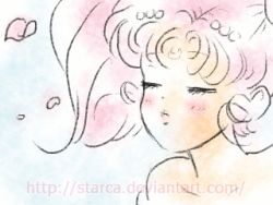 Rule 34 | animated, animated gif, bishoujo senshi sailor moon, blush, chibi usa, crescent, crescent facial mark, double bun, dress, facial mark, forehead mark, hand to own mouth, lowres, petals, pink hair, red eyes, small lady serenity, starca, strapless, strapless dress, twintails, watermark, web address, white dress