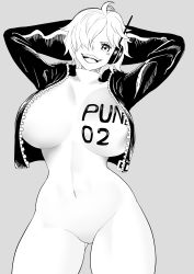 Rule 34 | 1girl, absurdres, arms behind head, arms up, artist name, breast focus, breasts, female focus, hair over one eye, highres, huge breasts, iwao178, jacket, large breasts, looking at viewer, one piece, open clothes, open jacket, open mouth, short hair, skin tight, smile, solo, thighs, vegapunk lilith, wide hips