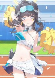Rule 34 | 1girl, absurdres, animal ears, armpits, arms up, bare shoulders, black hair, blue archive, blue eyes, blush, breasts, cheerleader, commentary, confetti, dog ears, dog girl, dog tail, english commentary, eyewear on head, halo, hibiki (blue archive), hibiki (cheer squad) (blue archive), highres, holding, holding pom poms, kirachamo, long hair, looking at viewer, medium breasts, millennium cheerleader outfit (blue archive), navel, official alternate costume, pom pom (cheerleading), pom poms, skirt, solo, stadium, standing, standing on one leg, star sticker, sticker on face, tail, unaligned breasts, white skirt, yellow halo