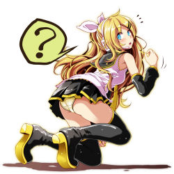 Rule 34 | 1girl, ?, ass, bare shoulders, black footwear, blonde hair, blue eyes, boots, detached sleeves, eyes visible through hair, female focus, fingernails, from side, full body, future style (module), hand up, headset, high heel boots, high heels, highres, kagamine rin, long hair, looking at viewer, looking to the side, microskirt, nail polish, on one knee, open mouth, panties, pantyshot, project diva (series), sailor collar, shirt, simple background, skirt, sleeveless, sleeveless shirt, solo, spoken question mark, thigh boots, thighhighs, tsukishiro saika, underwear, very long hair, vocaloid, white background, yellow nails
